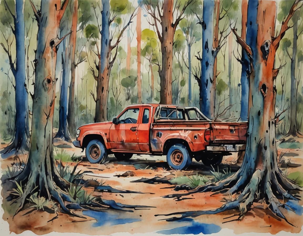 Whimsical Watercolor Scene of a Scratched Australian Ute in....