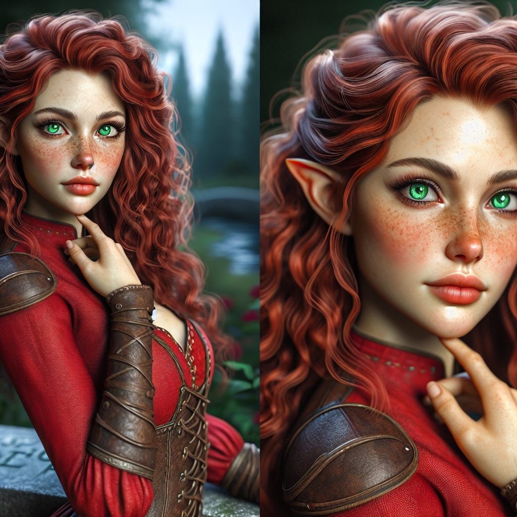 Radiant Half-Elf Witch in Red, Perched on a Gravestone