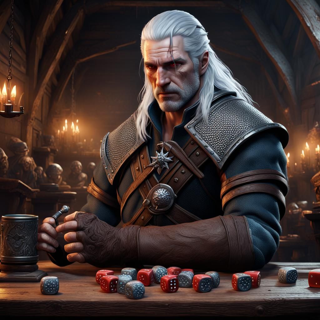 Geralt Engrossed in Medieval Tavern Dice Game