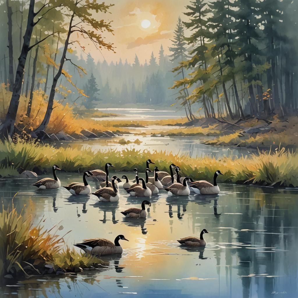 Impressionist Masterpiece, Canadian Geese Amidst Serene Lake...