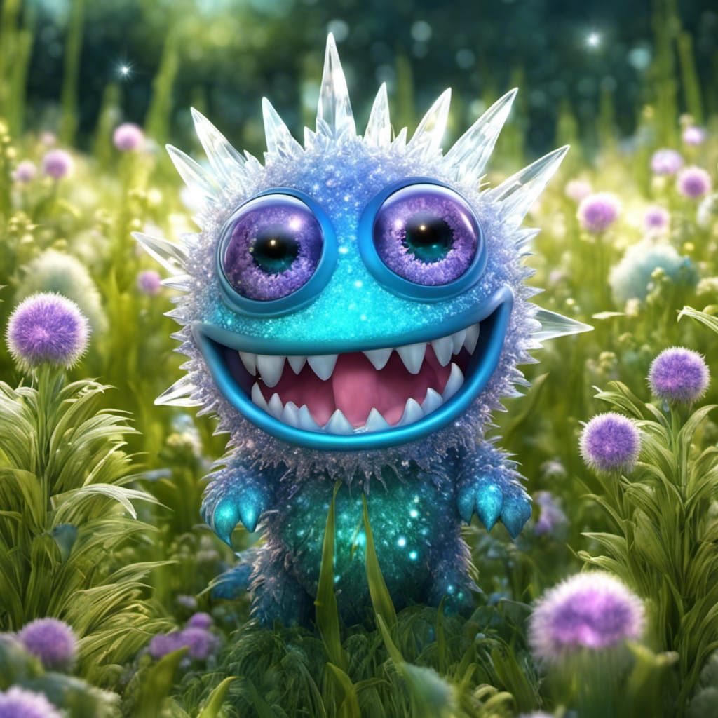 Cute Ice Crystal Monster in Lush Field