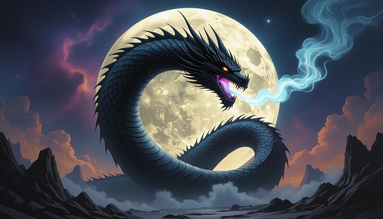 Obsidian Dragon on Shattered Moon Cosmic Horror Painting