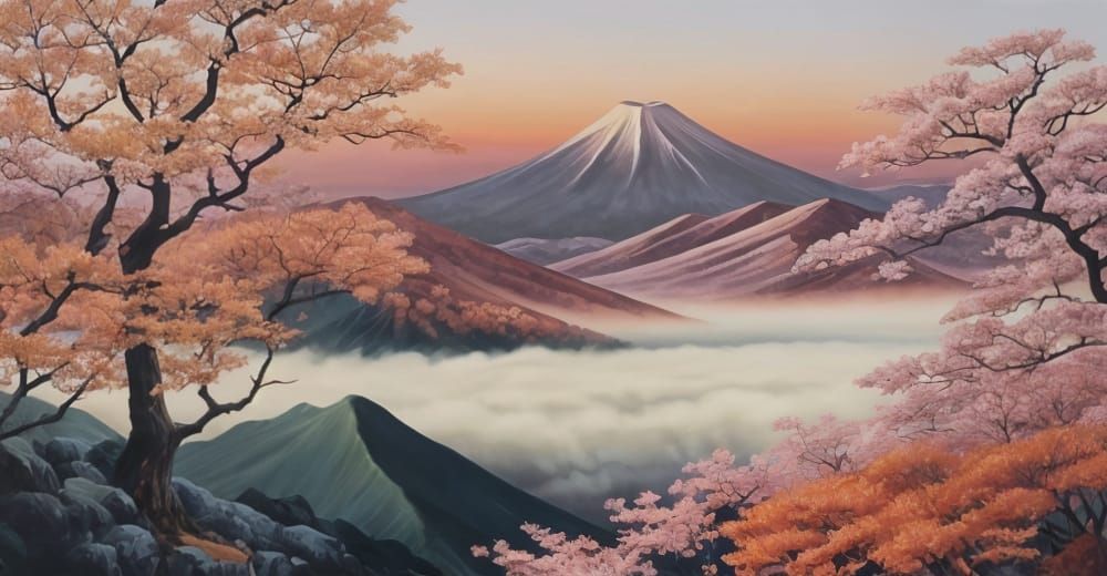 Mountain Scene in Traditional Japanese Ukiyo-e Style