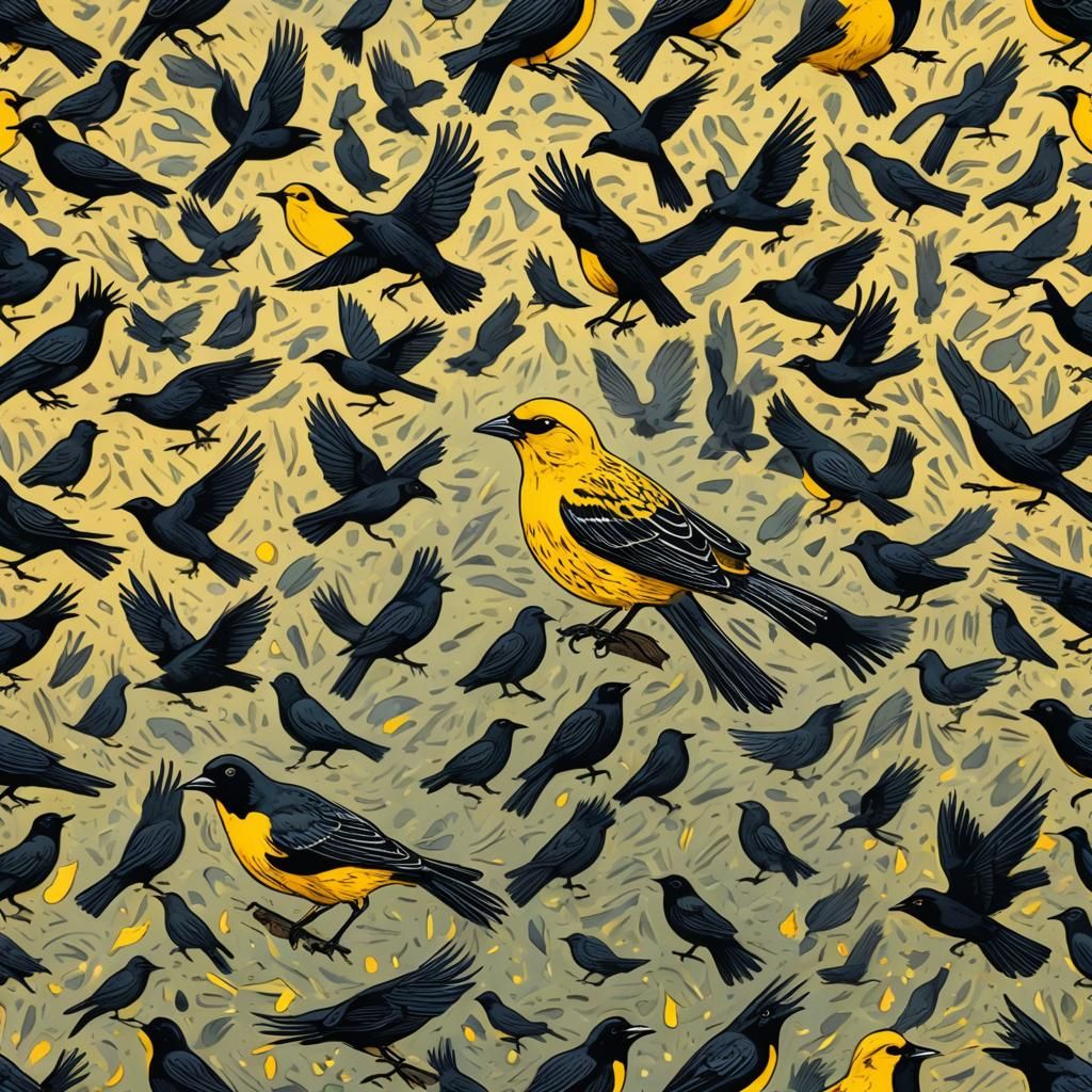 Vibrant Yellow Bird Shines Amidst Midnight Flock in a Cozy W...