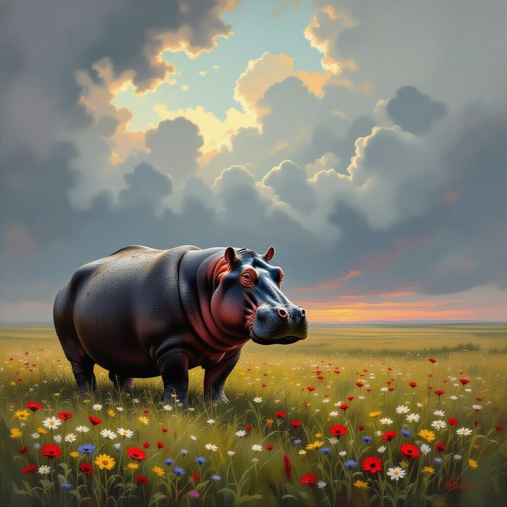Hippopotamus Against Stormy Sky with Wildflowers