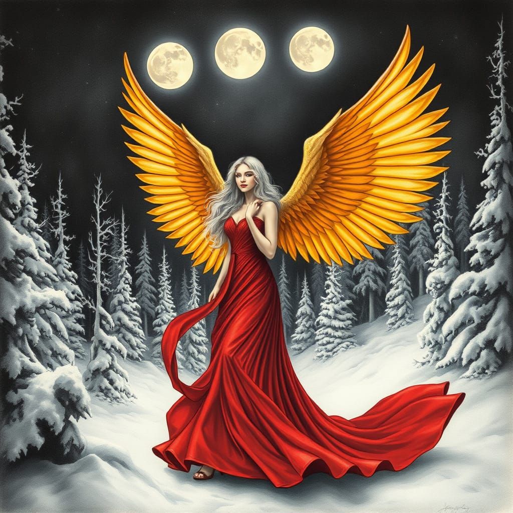 Angel in Winter Forest under Three Moons