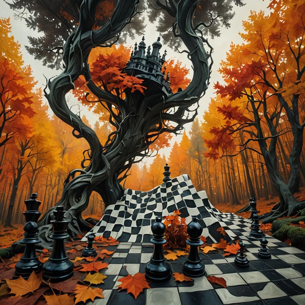 Dreamlike Autumn Scene with Twisted Chess Pieces and Impossi...
