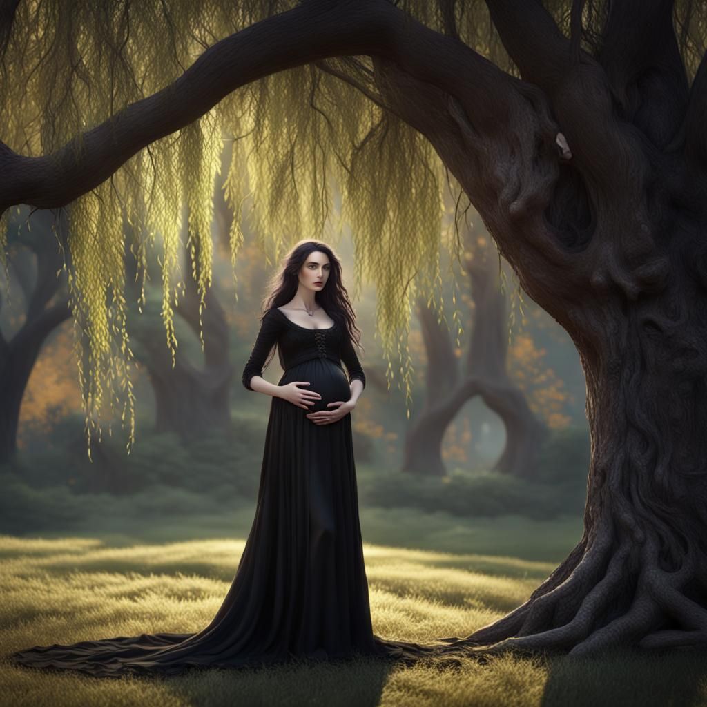 Stunning Pregnant Medieval Maiden Under a Weeping Willow