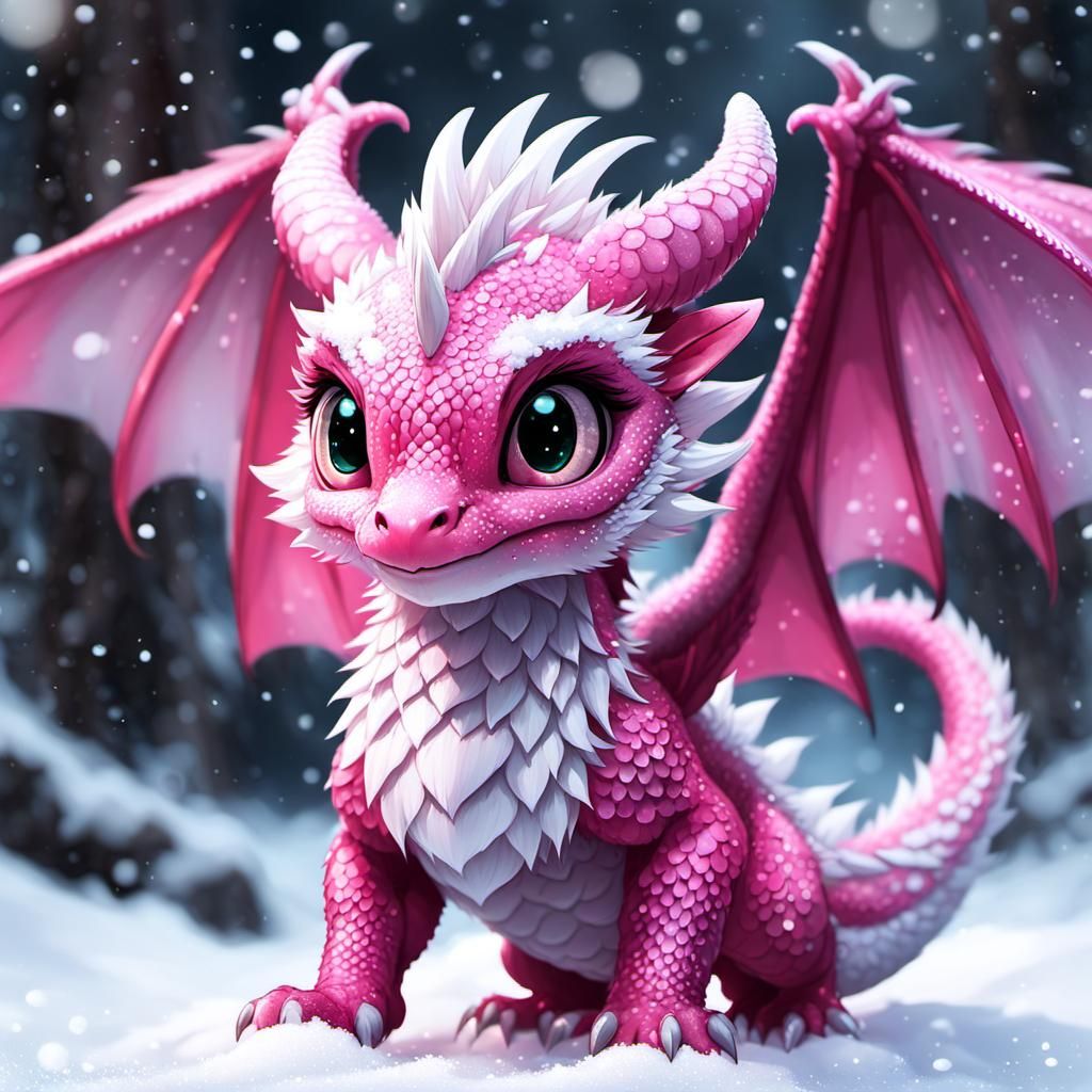 Whimsical Chibi Dragon Plays in Snowy Wonderland