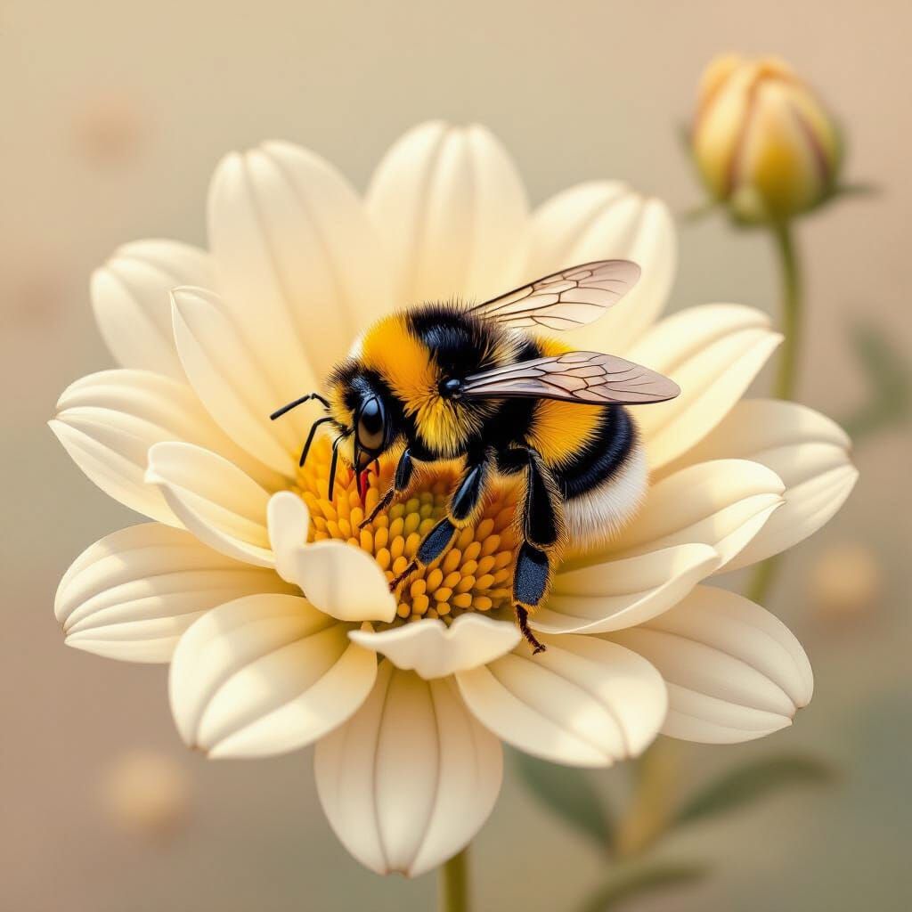 Pastel Bumblebee Resting on Flower in Dreamlike Scene