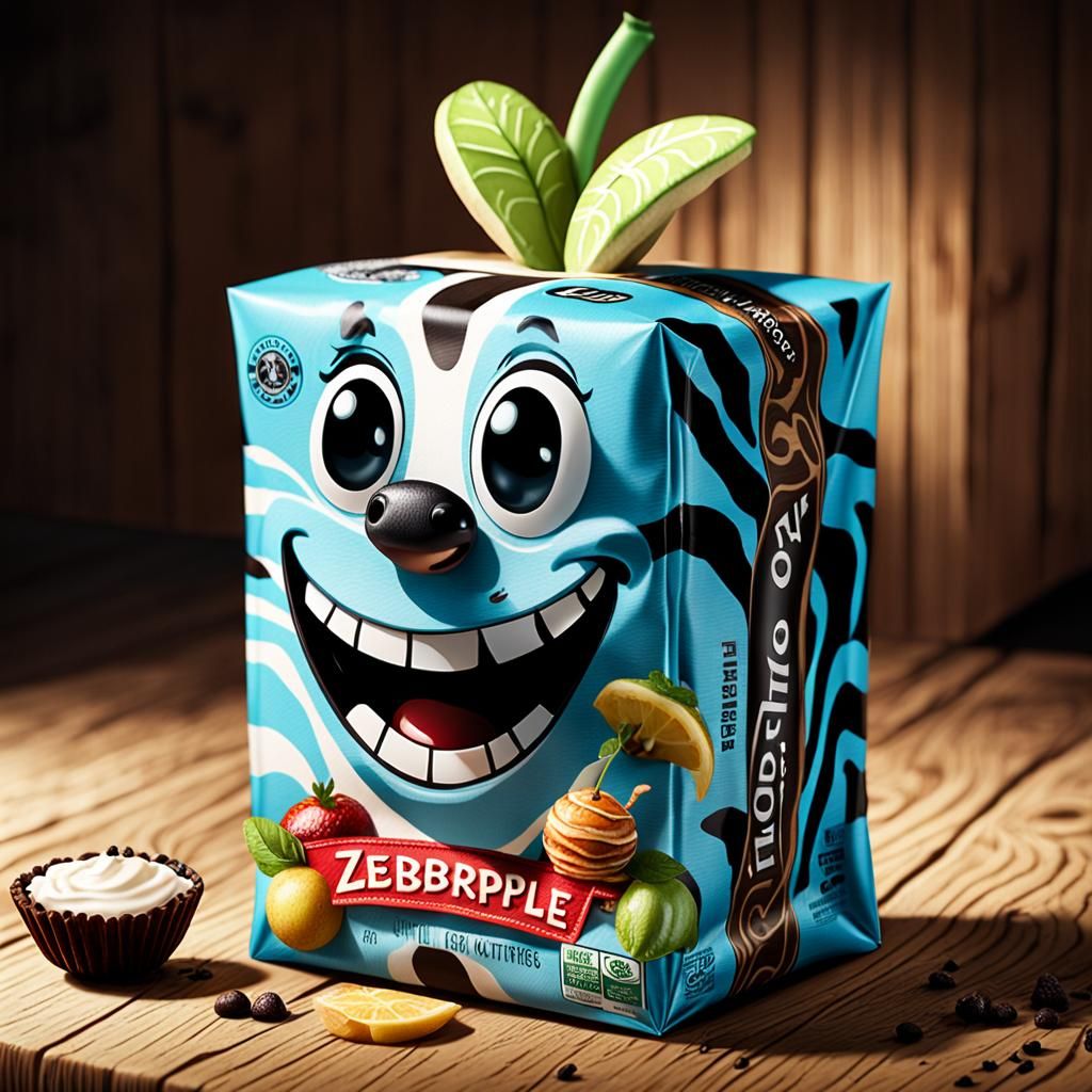 Quirky food package with a fruit called a "Zebrapple," a str...