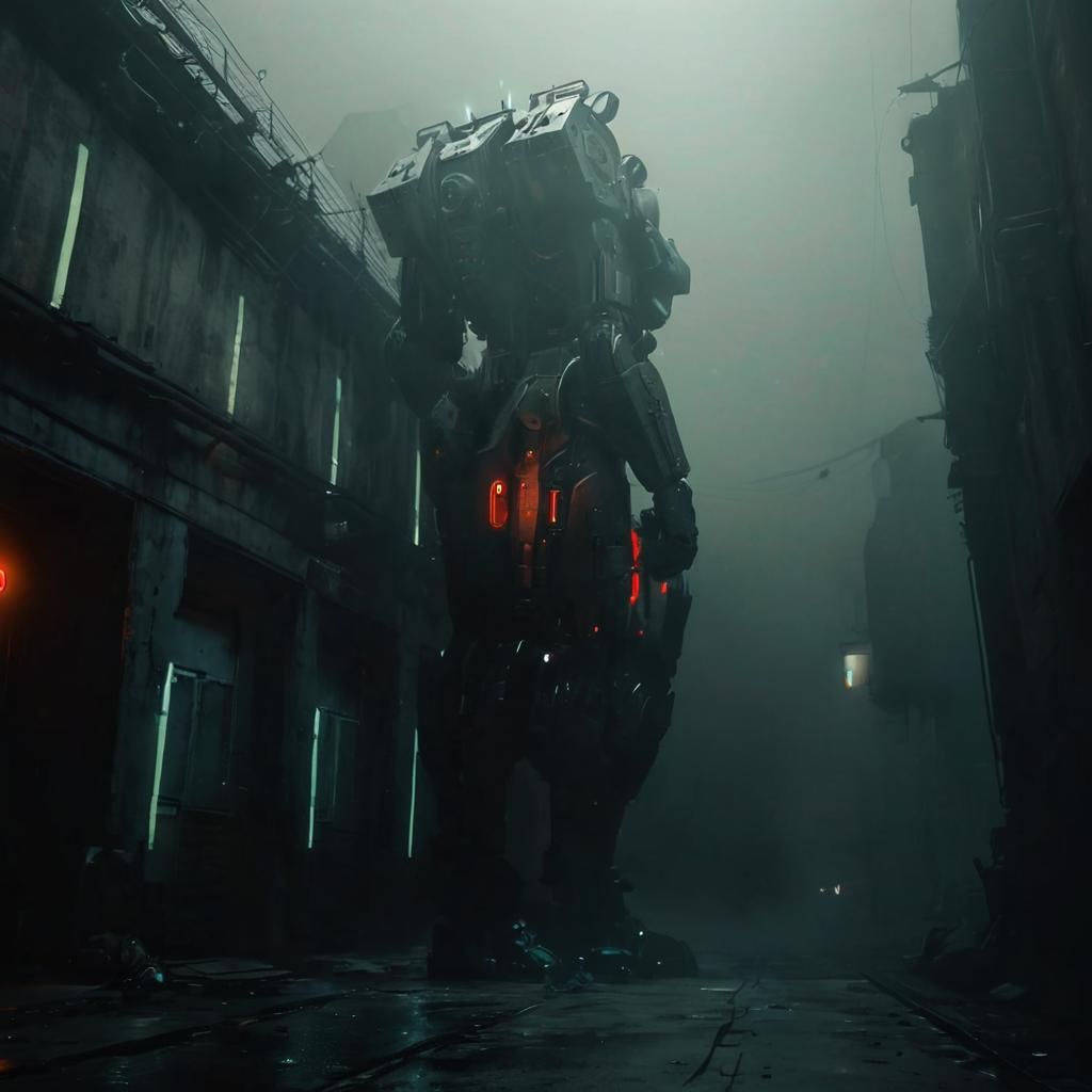 Mech Suit in Gritty, Industrial Landscape