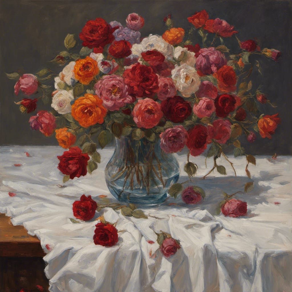 A Faded Bouquet on an Embroidered Tablecloth in Oil Painting...