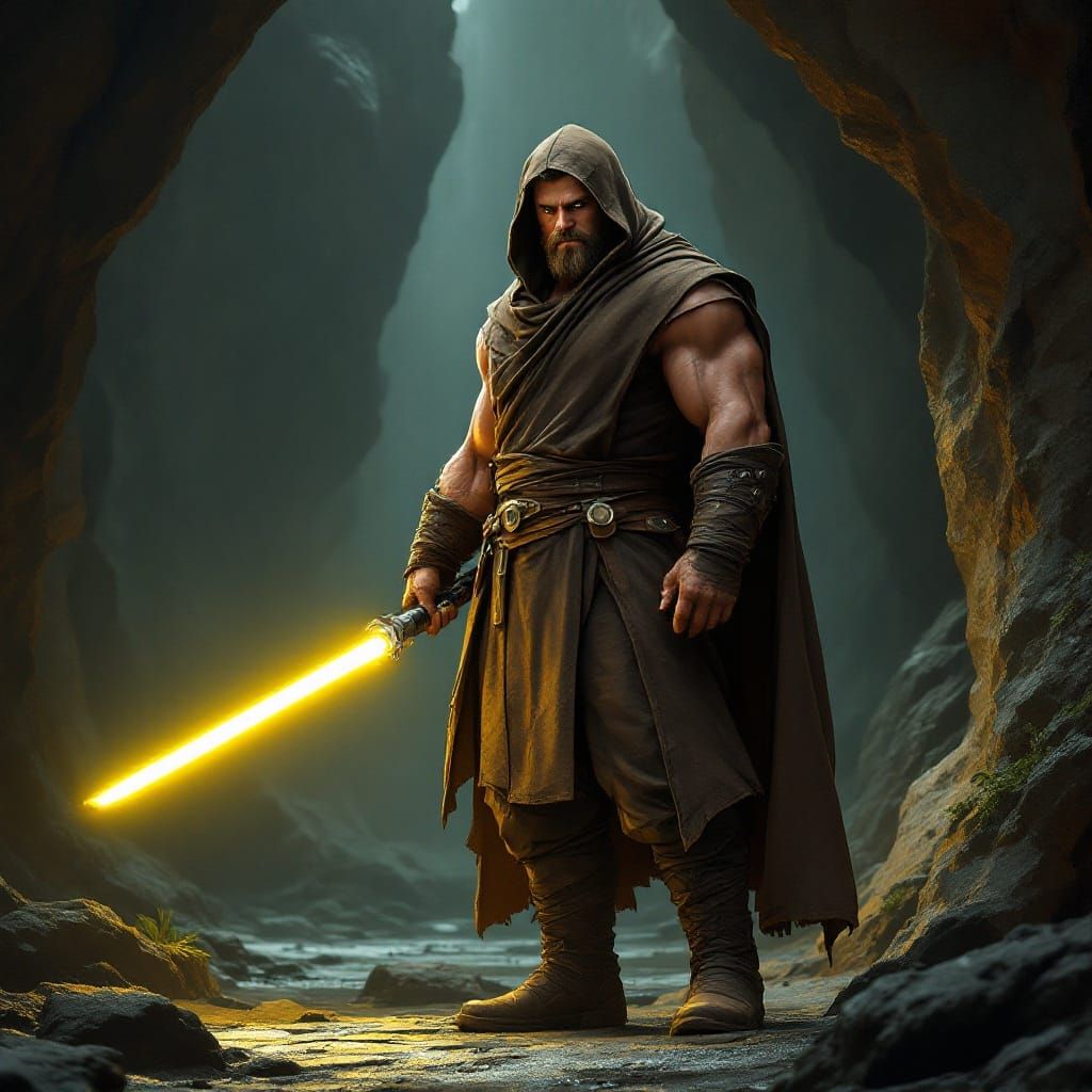 Cyberpunk Jedi in a Dimly Lit Cave