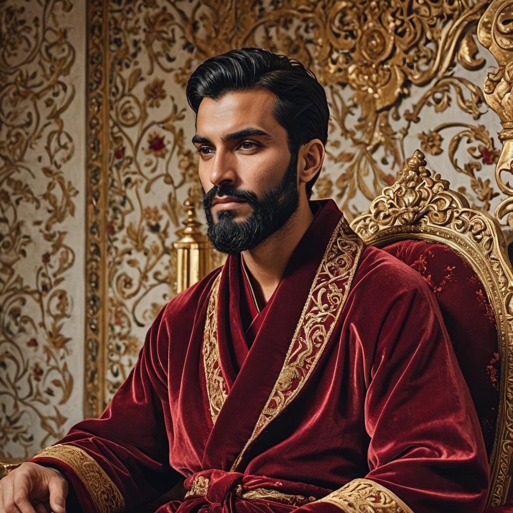 Elegant Young King in Red Velvet Robe