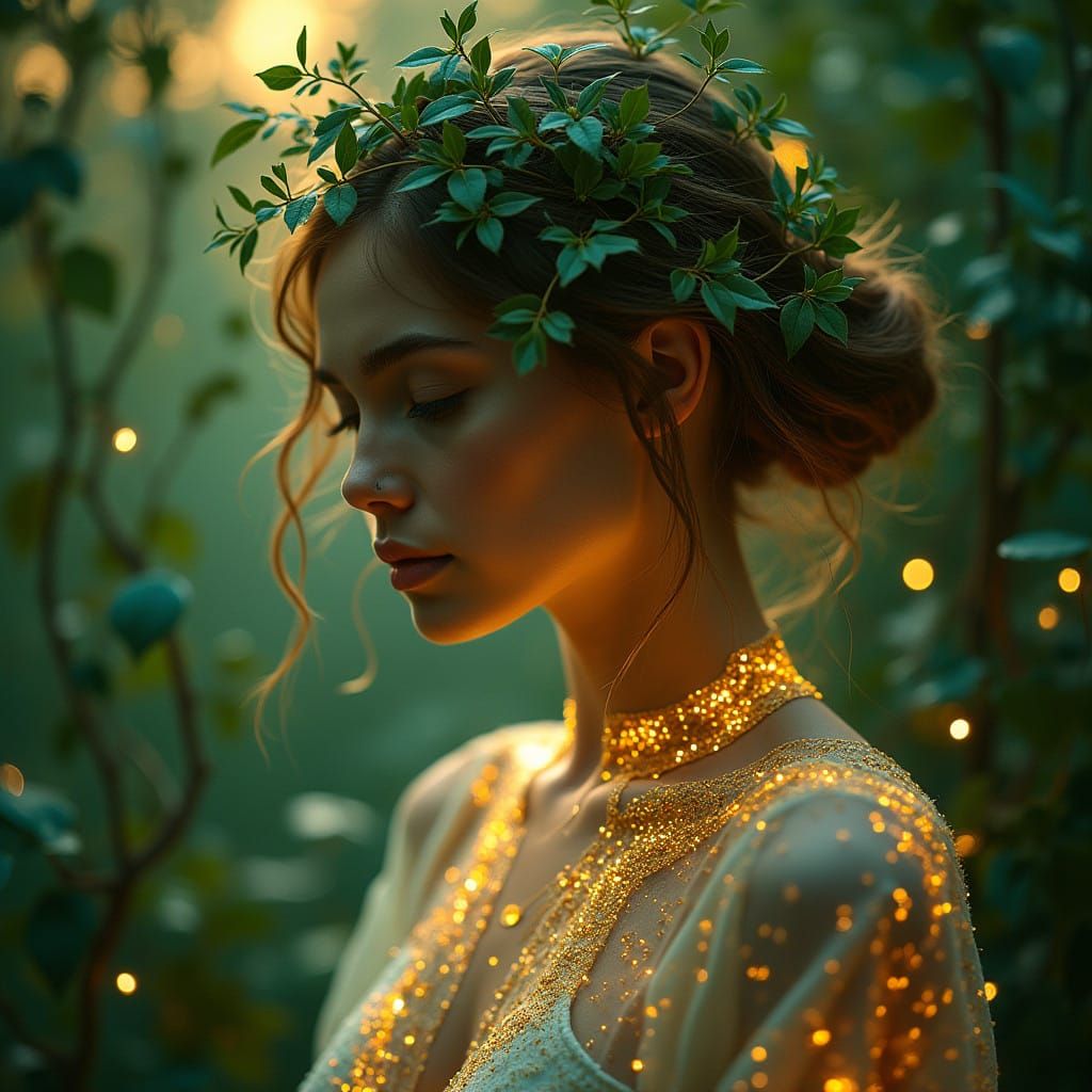 Serene Woman Surrounded by Lush Greenery and Ethereal Circui...