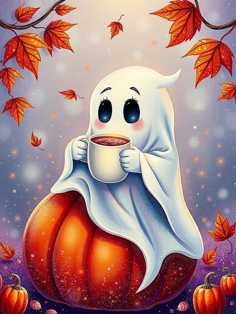 Cute Fantasy Ghost Sips Coffee on Pumpkin