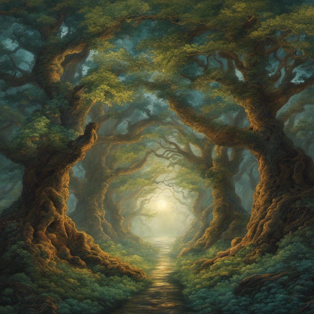 Gothic Masterpiece: Ancient Oak Tree Under a Vibrant Starry...