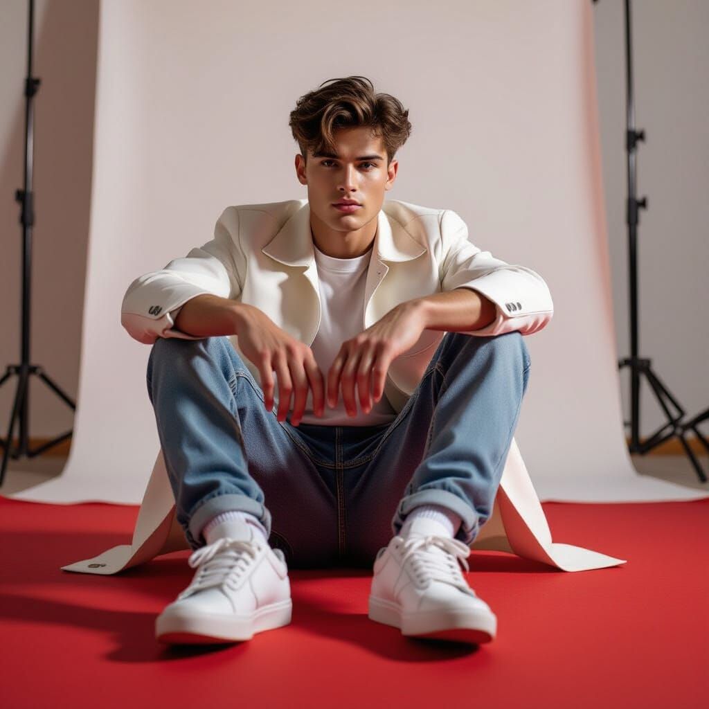 Stylish Model Poses on Red Floor in Cinematic Film Still