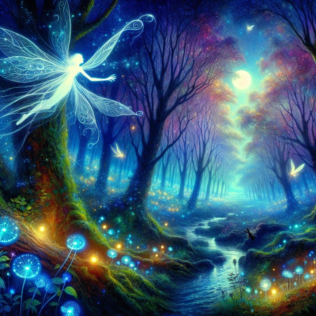 Moonlit Faerie in Whimsical Woodland Landscape
