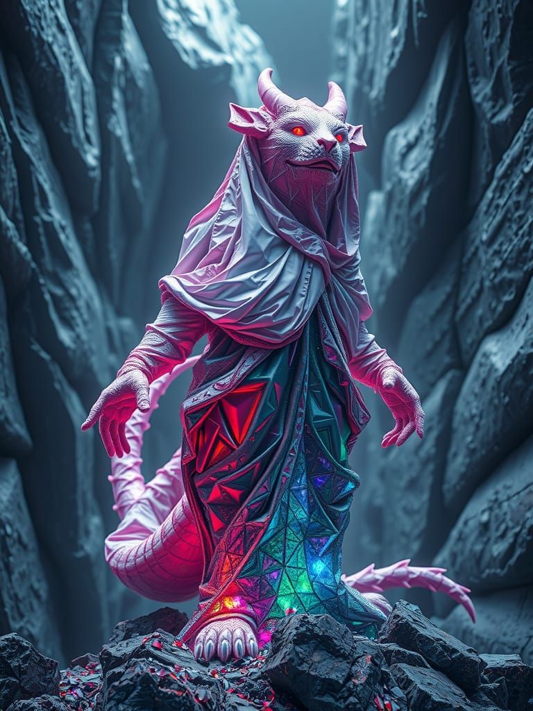 Holographic Fabric-Draped Gorgon Sculpture in Glitch Art Sty...