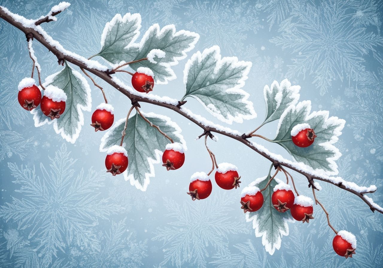 Frosty Hawthorn Branch with Red Berries