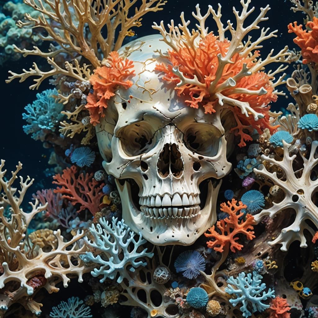 Detailed Coral Reef Scene with Skull and Treasure