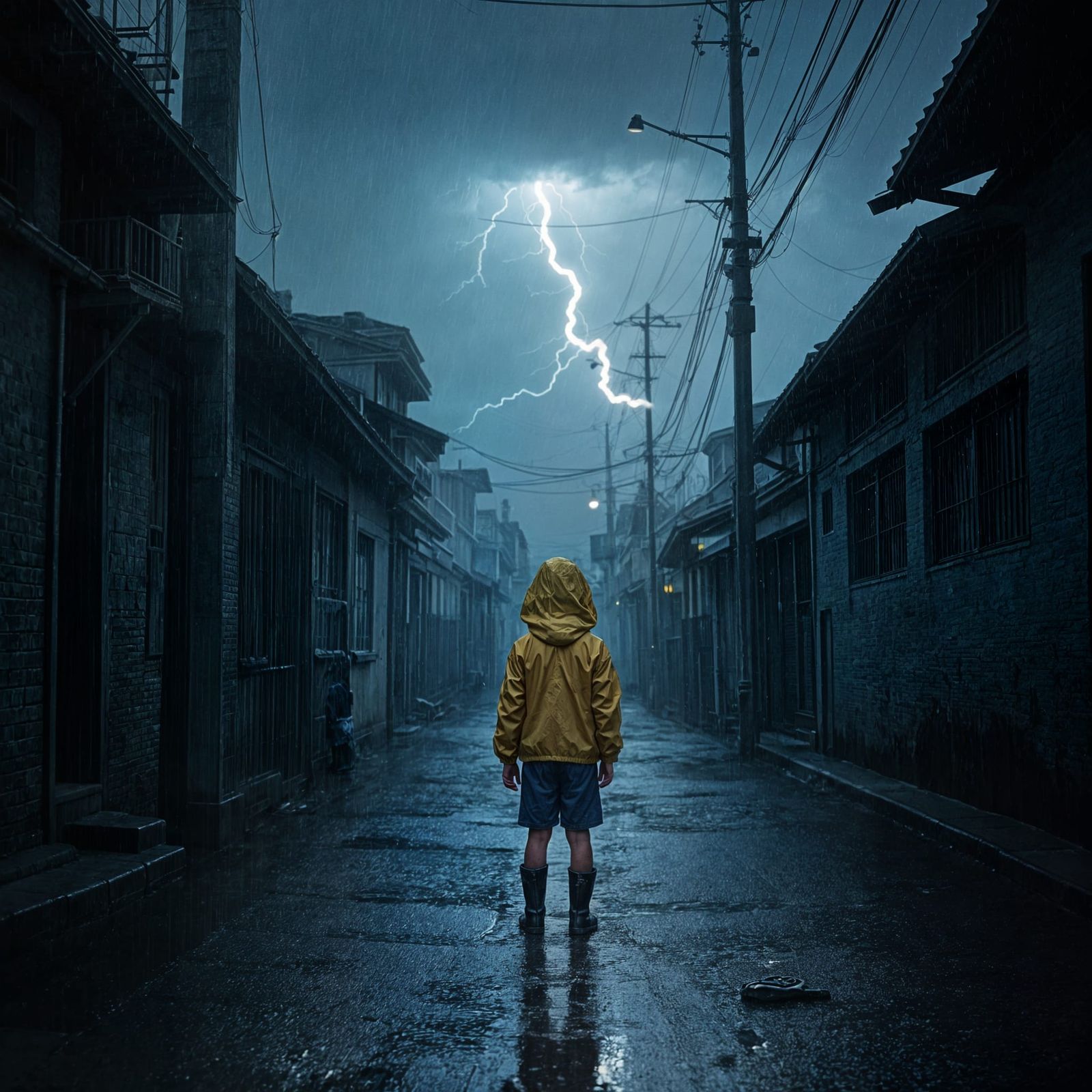 Young Boy in Shadows on a Dark and Stormy Alleyway