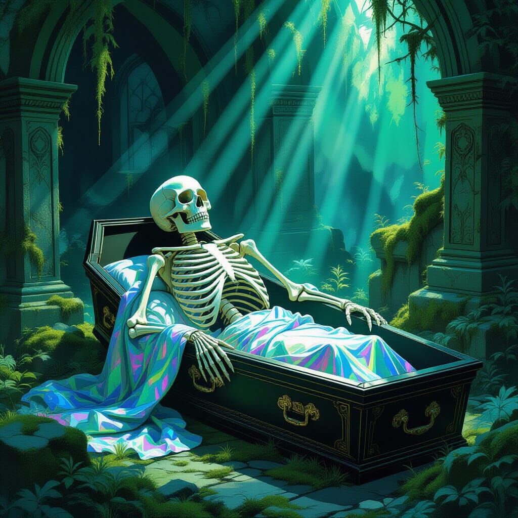 Skeleton Rises from Coffin in Moody Graveyard