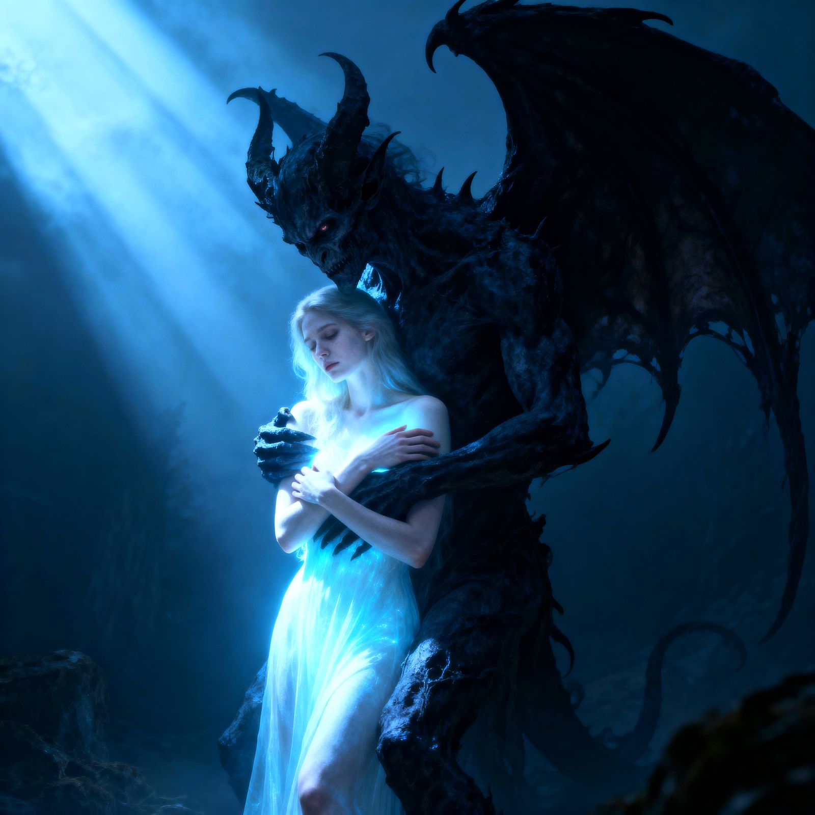 Shapeshifter Embraced by Light in Ominous Atmosphere