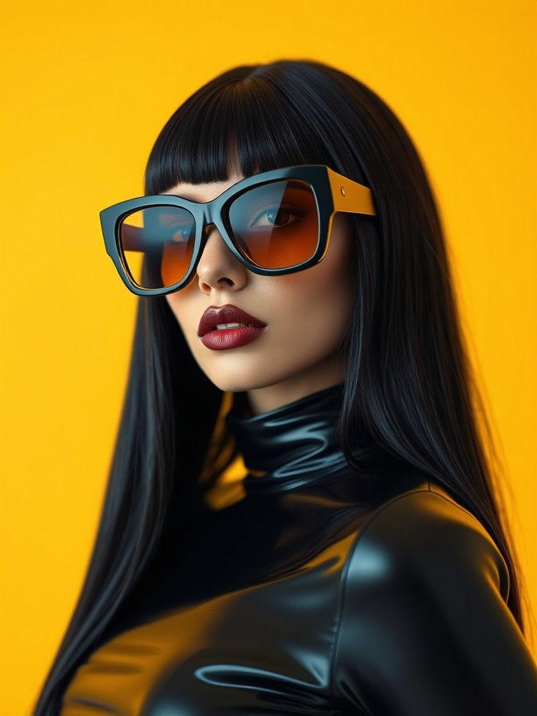 Confident Model Wears Oversized Yellow Sunglasses in Bold Fa...