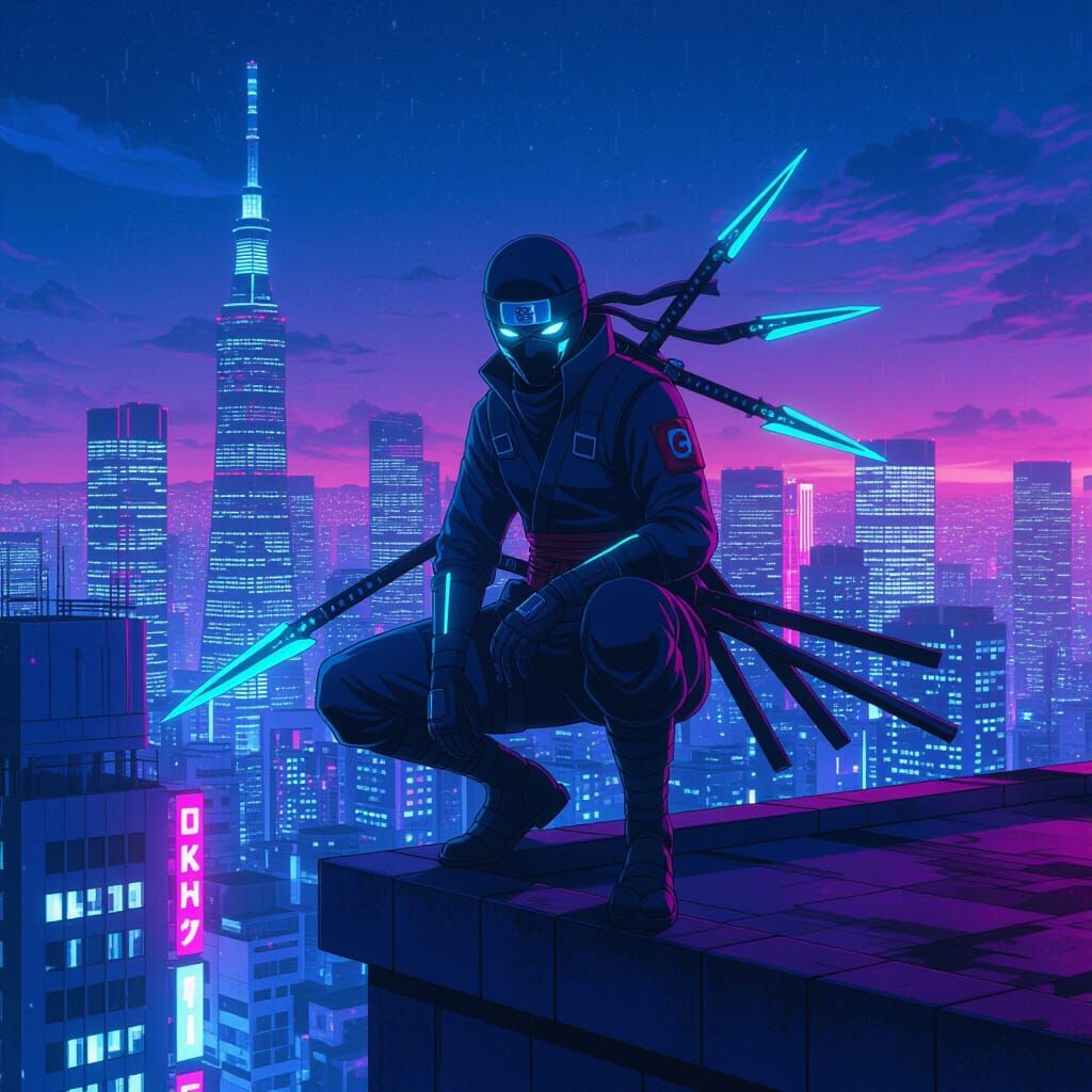 Anime Ninja on Tokyo Rooftop with Neon Cyberpunk Skyline