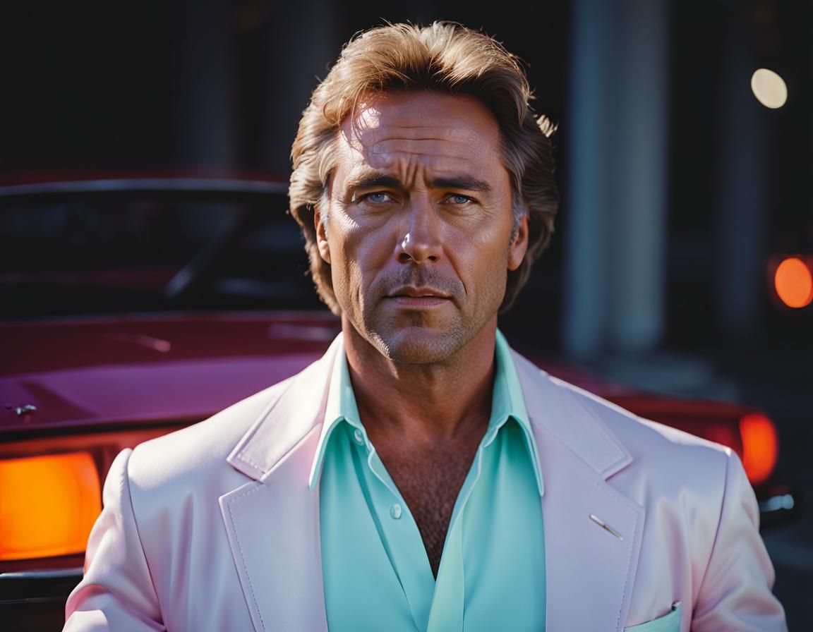 Photorealistic Portrait of Young Miami Vice Detective Sonny...
