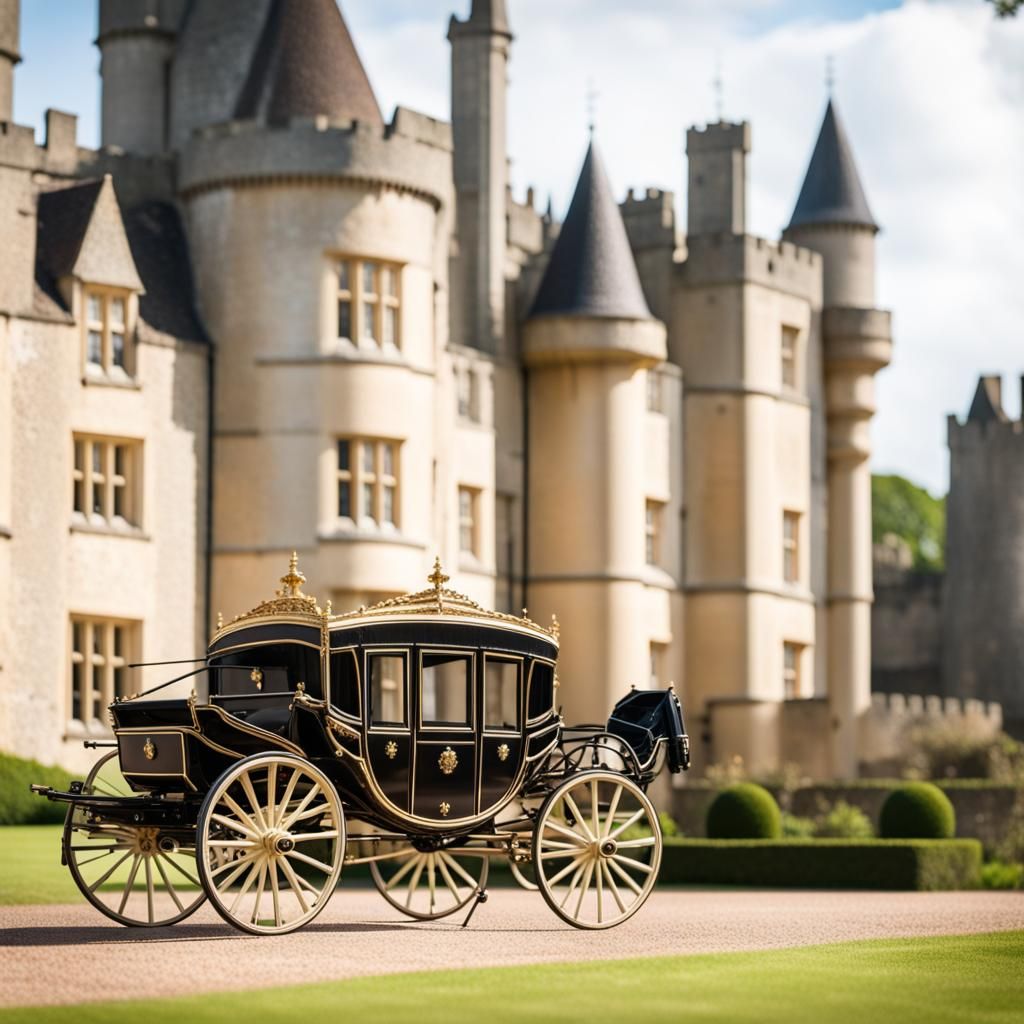 A Carriage Stands Before Regal English Castle Architecture