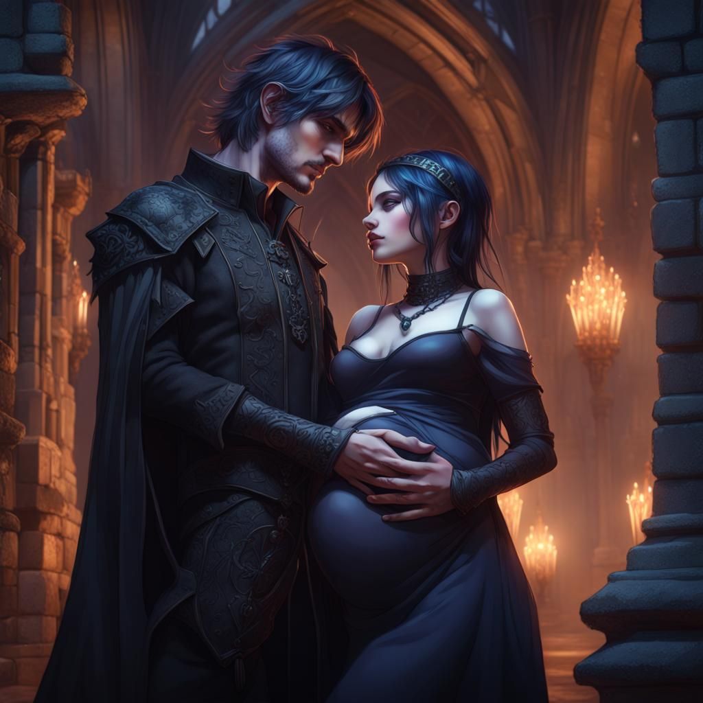 Goth Boy Holds Pregnant Goth Girl Amid Midnight Castle