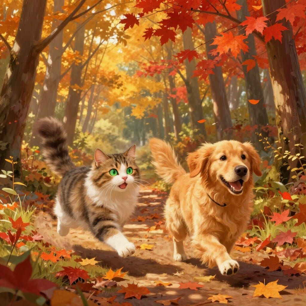 Cat Chasing Dog in Peaceful Autumn Forest