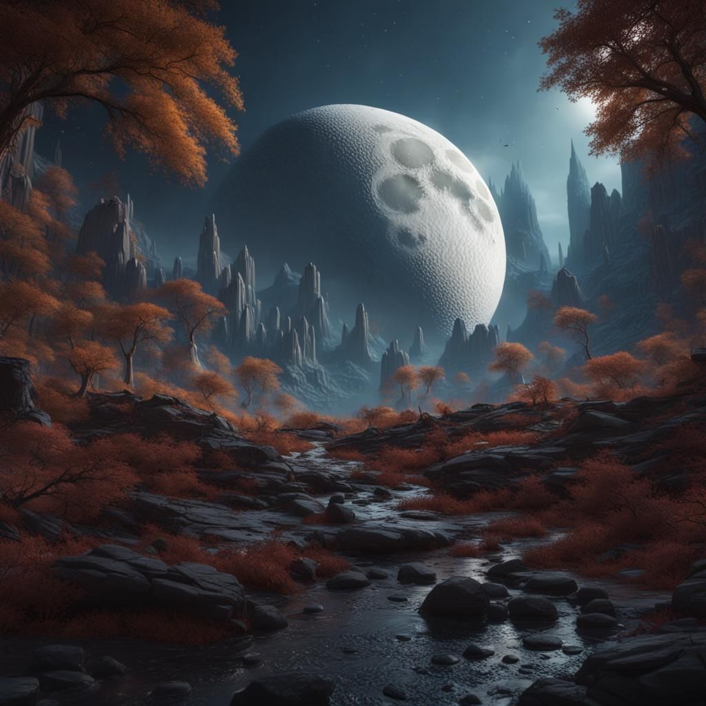 Dazzling Moonlit Fantasy Scene in Deep Color and Intricate D...