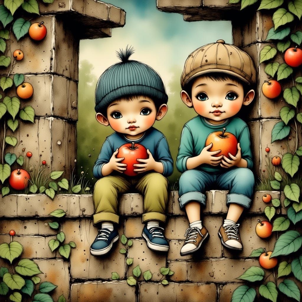 Boys Enjoying Apples on a Weathered Stone Wall