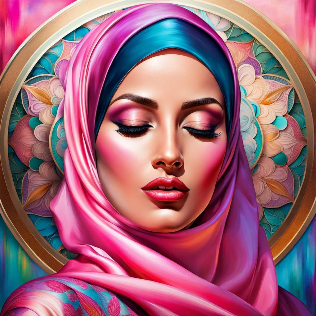 Confident Woman in Pink Hijab: Art Nouveau Portrait