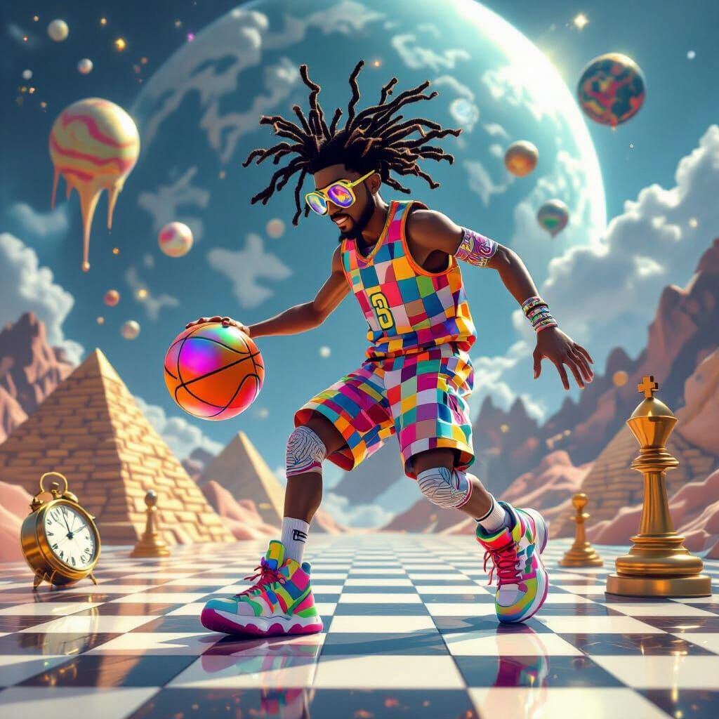 Surreal Basketball Player on Chessboard Planet