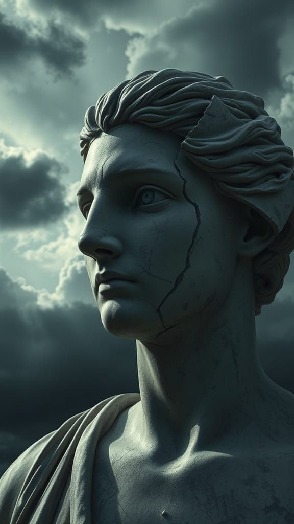 Shattered Marble Statue Amidst Stormy Skies