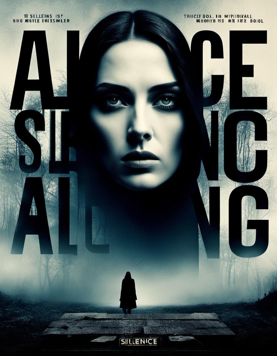 MOVIE POSTER :: ((the words "Silence" is written in clear big bold letters:1.6)) :: (she can sense the presence of a shi...