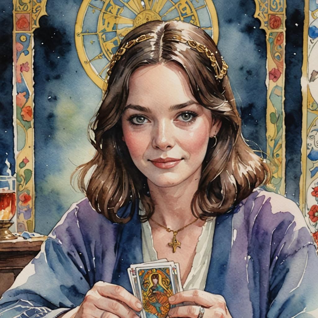 Matte Painting of Young Woman Reading Tarot Cards in Waterco...