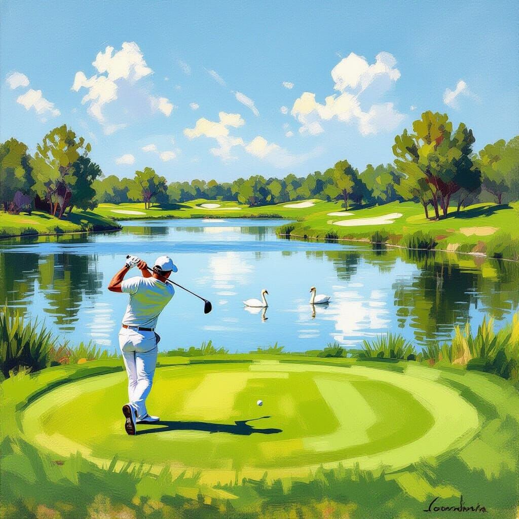 Golfer's Swing by Serene Lake with Swans in Impressionistic ...