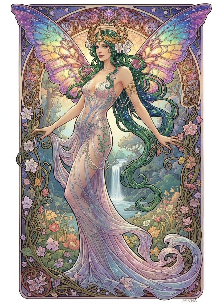 Art Nouveau Faerie Queen in Glamorous Pin-Up Style
