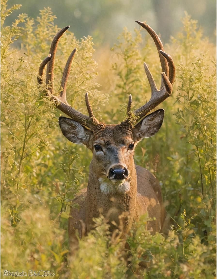 Majestic Whitetail Buck Amidst Dewy Weeds