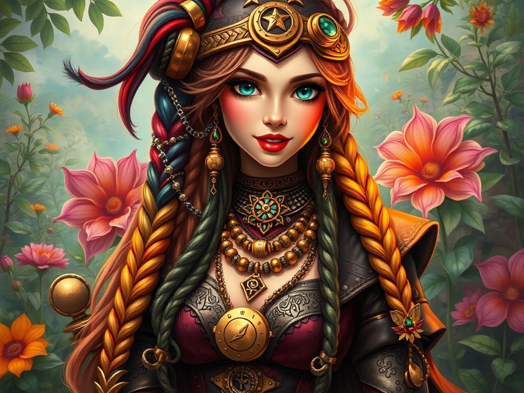 Steampunk Goddess in Vibrant Fantasy Garden