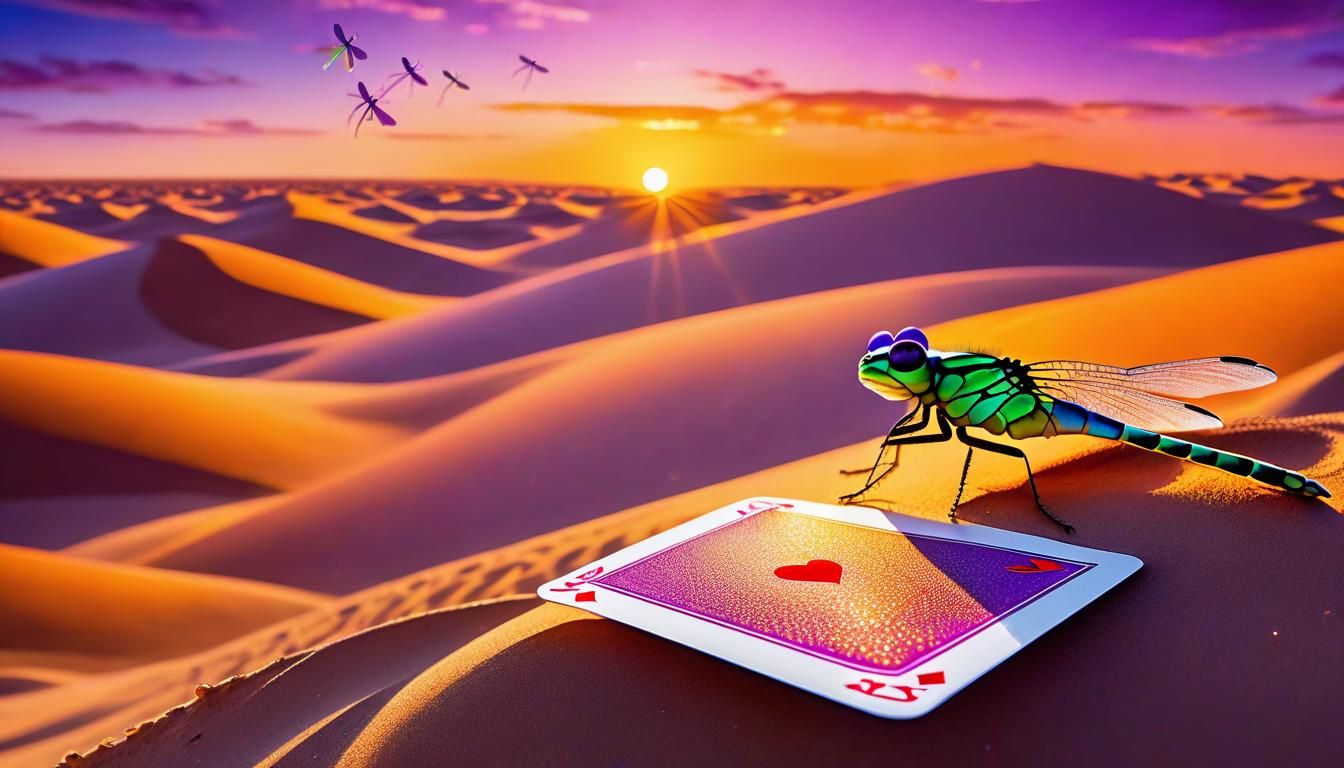 Surreal Desert Scene of Dragonflies and Frogs Playing Cards....