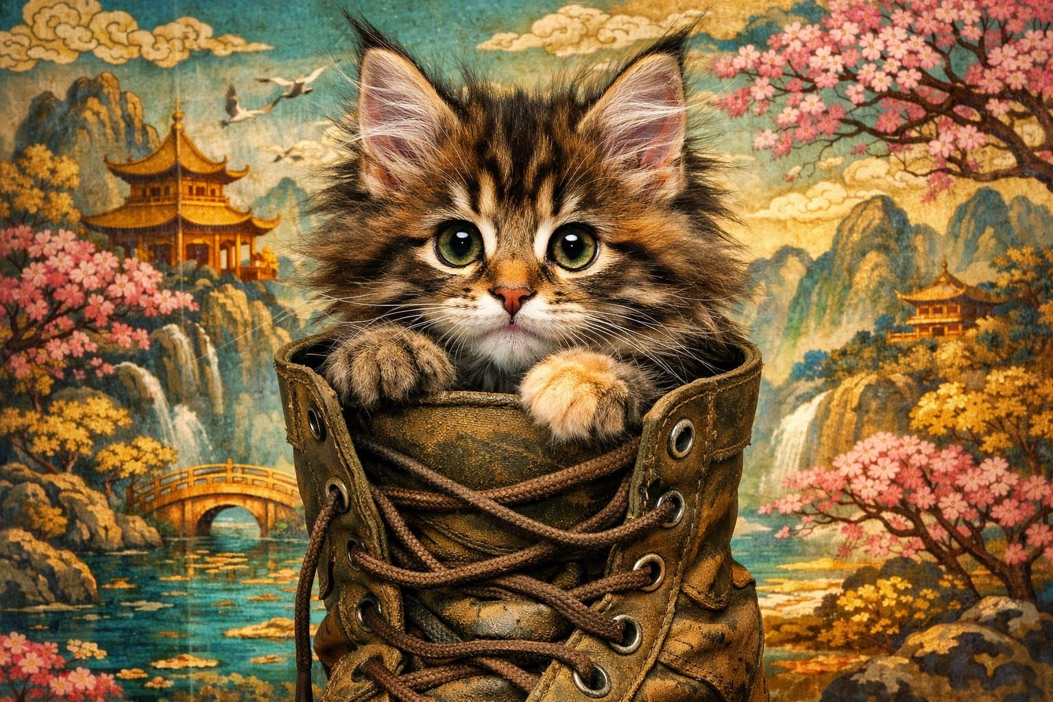 Cute Mainecoon Kitten Peeking From Soldier Boot