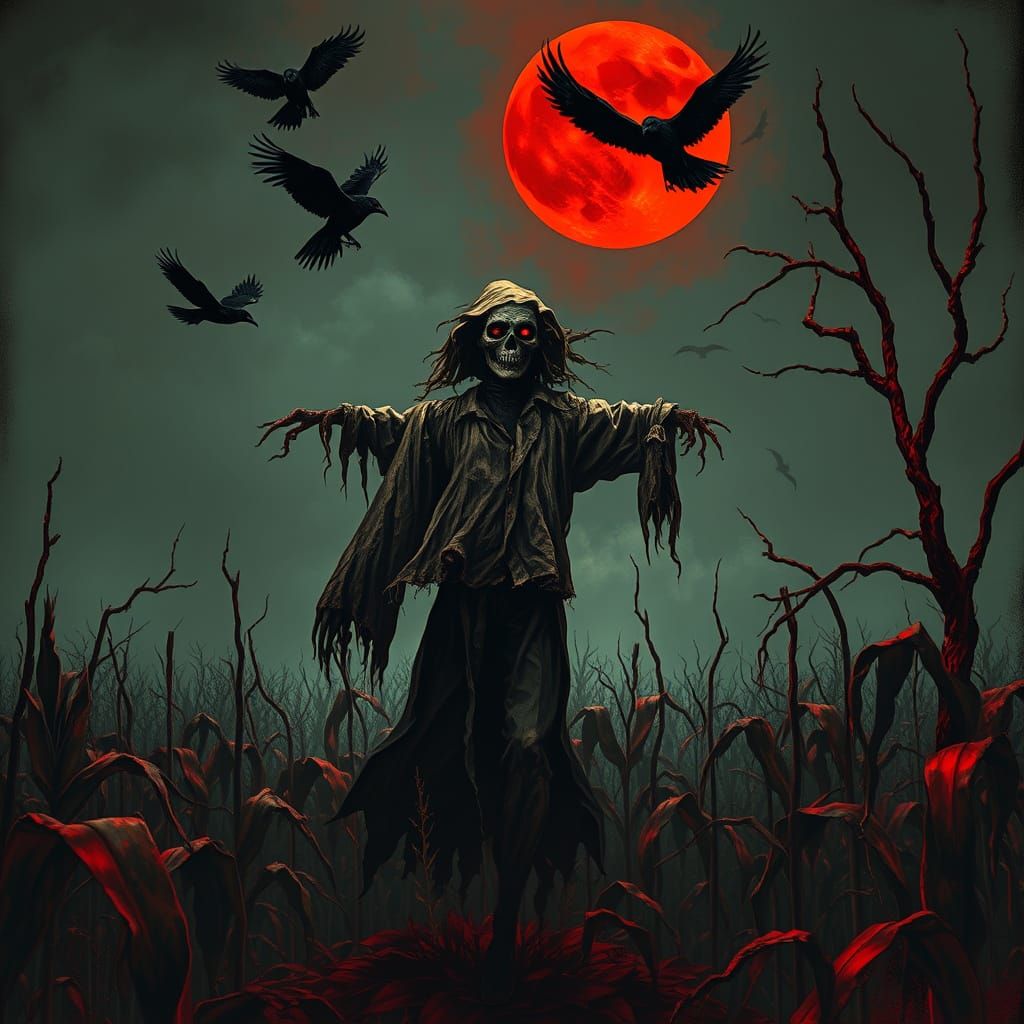 Eerie Scarecrow Under Blood Moon, Dark Fantasy Art